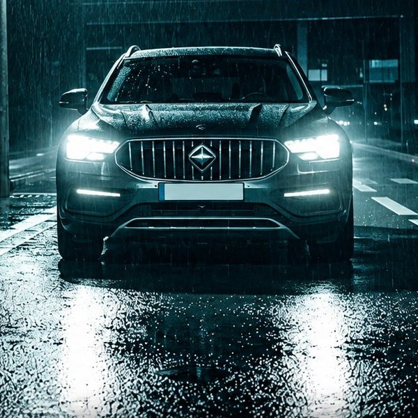 Front of an SUV with headlights on in the rain